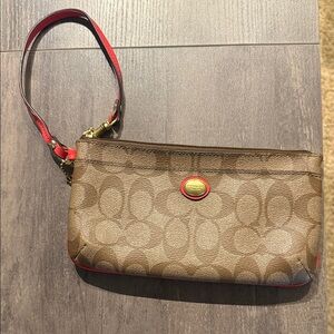 Coach Tan and Red Signature Wristlet